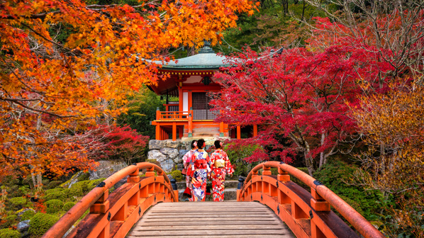 omen wearing traditional Japanese Yukata at Daigo-ji temple
