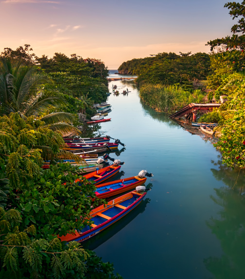 Fishermen boats docked on the White River in St Ann, Jamaica.