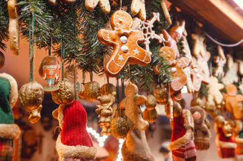 Gingerbread tree decorations hanging at a Christmas market