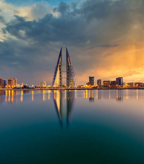View of Bahrain skyline with World trade center along with a dramatic sky