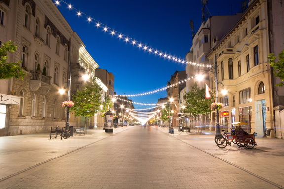 Street view at night in Lodz, Poland