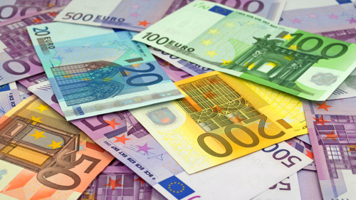 A mix of Euro banknotes including 20, 50, 100, 200, and 500 Euro notes.