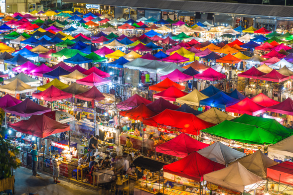 Aerial view of a night market in Bangkok
