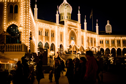 Castle lit up at Tivoli Gardens Christmas market