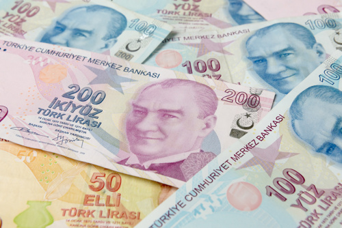 A spread of Turkish banknotes including 200, 100, and 50 Turkish Lira notes.